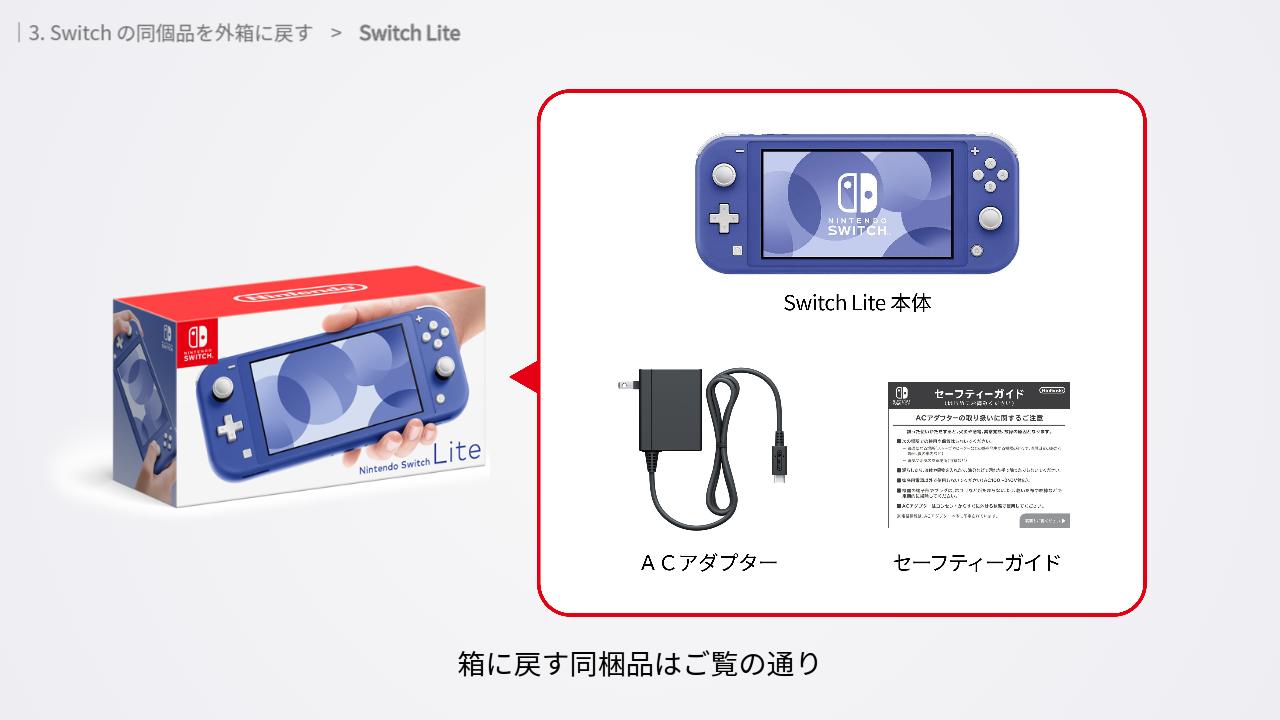 箱に戻すSwitch Liteの同梱品の一覧