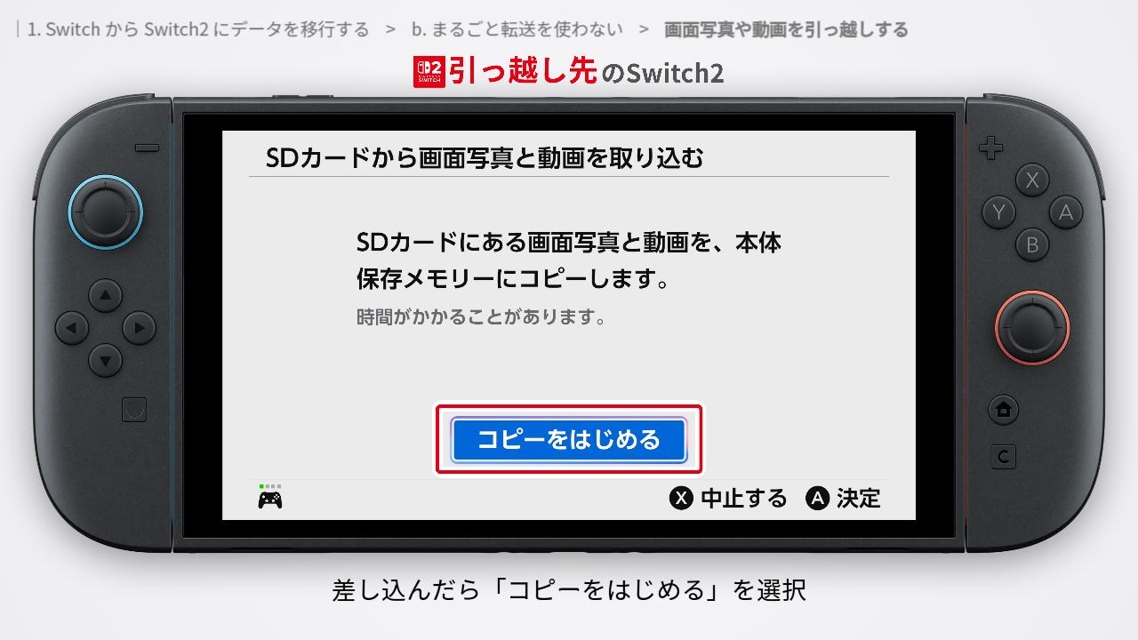Switch2にSDカードのデータコピーをはじめる画面