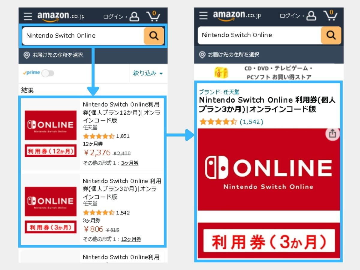 AmazonのNintendo Switch Online利用券ページ