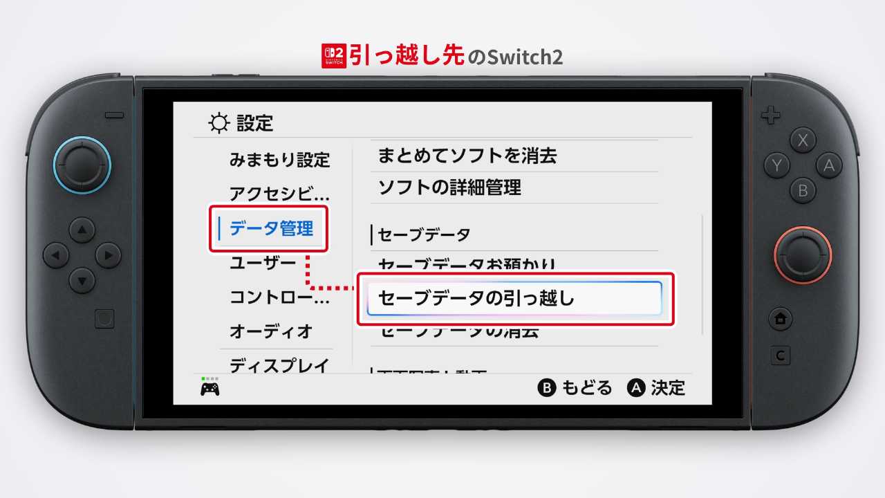 本体設定のセーブデータの引っ越し画面