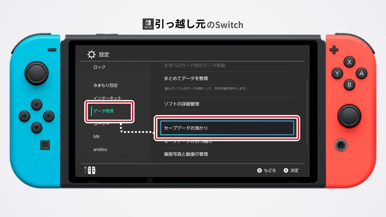 本体設定のセーブデータお預かり画面