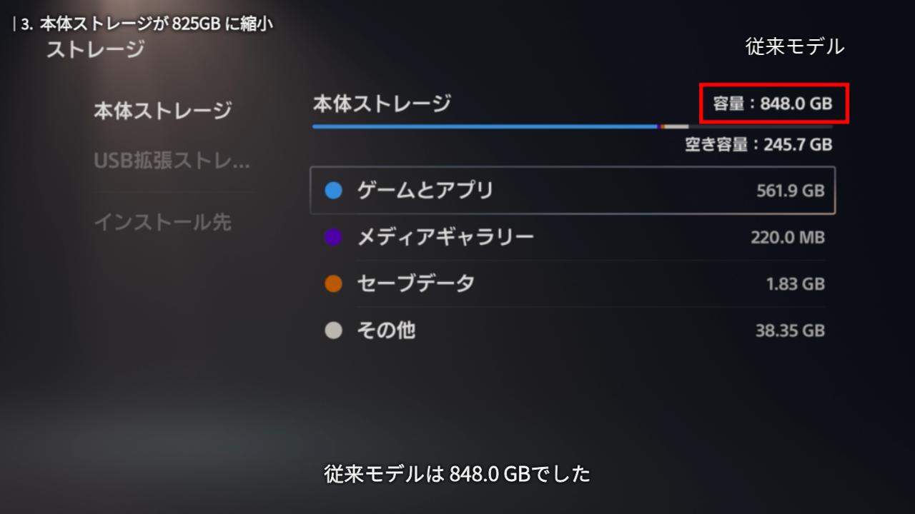 違い3. 本体ストレージが 825GB に縮小
